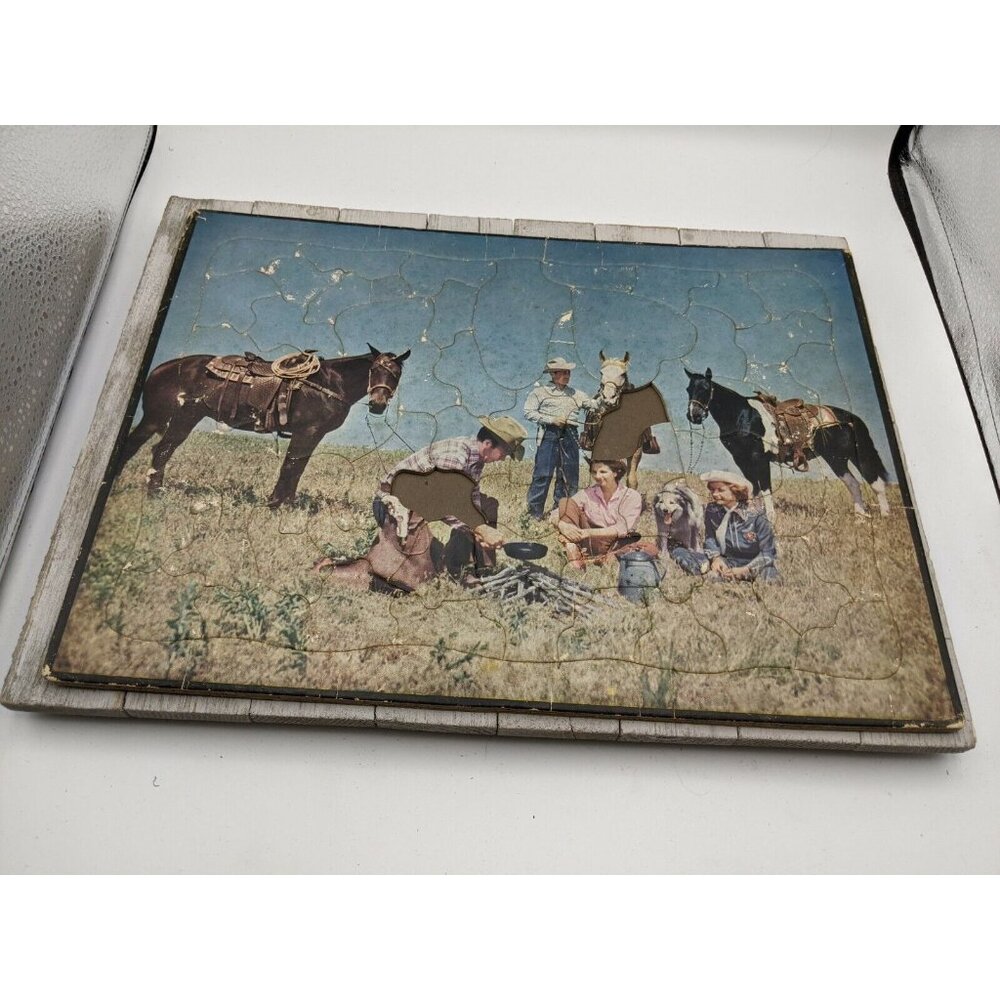Vintage Jigsaw Puzzle Tray 11"x15" Cowboys Farming Ranching
